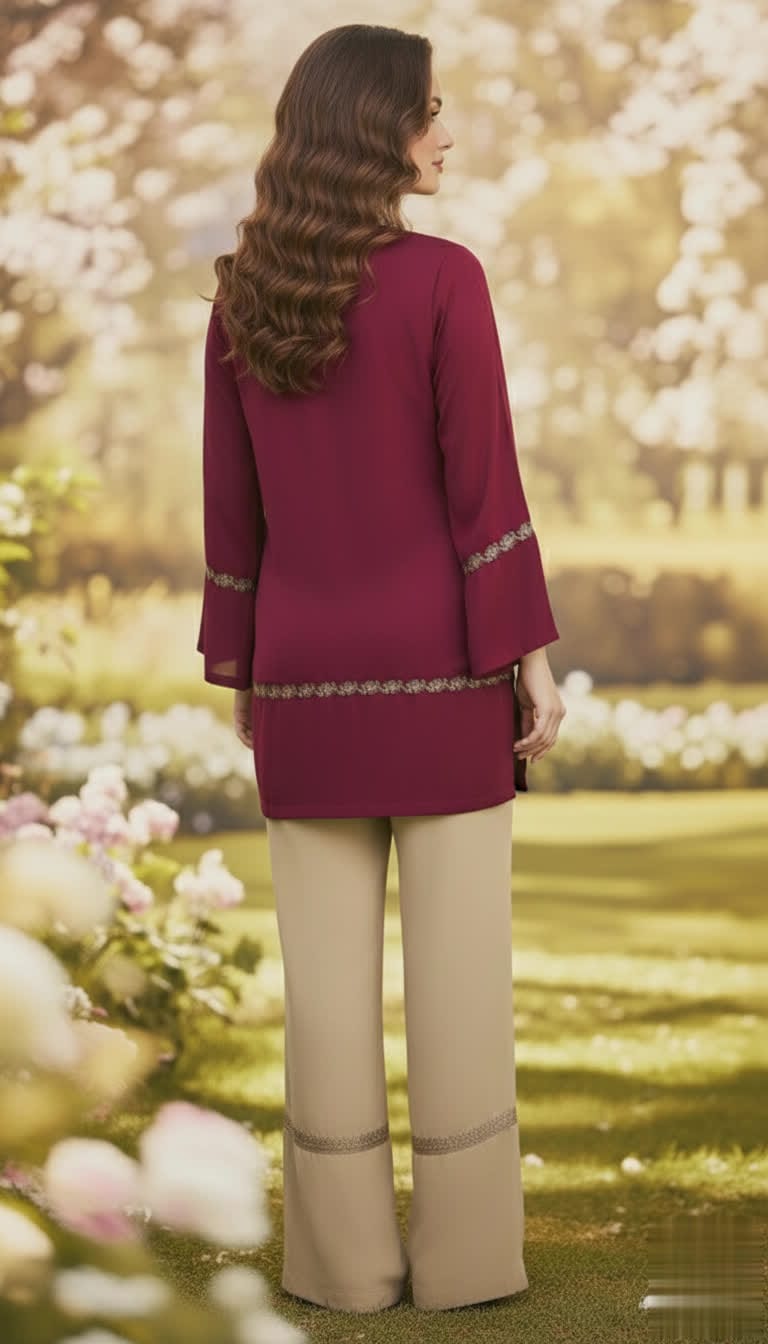 Sophisticated Crimson Lace Short Kurti With Off-White Bell Bottom Pants – Elegant Contrast Co-Ord Set