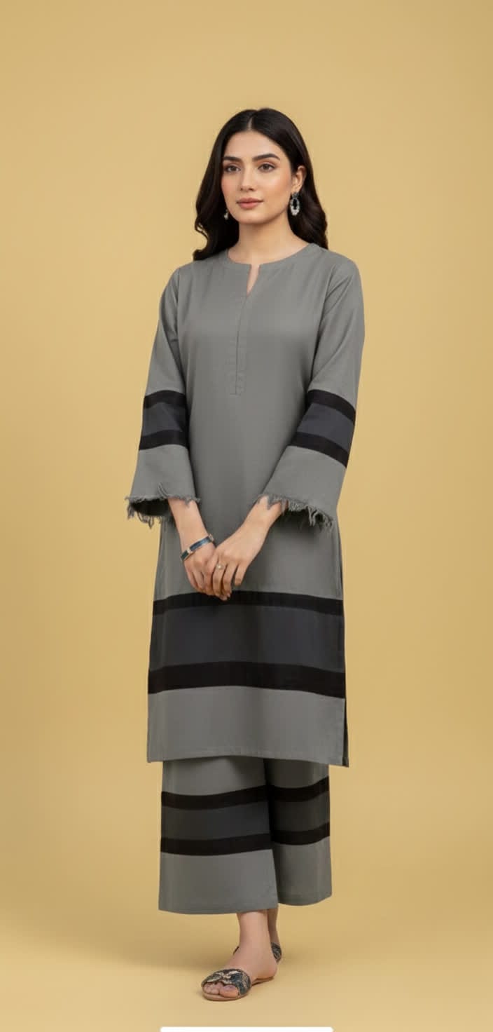 Elegant Cambric Cotton Long Kurti & Trouser Set For Women – Minimalist Light Shade Outfit With Contrast Patch Work.