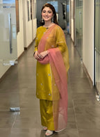Lime Green Hand Embellished Satin Silk Suit