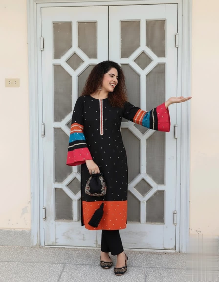 Trendy Black Kurta Set With Orange Hem & Multicolor Sleeves