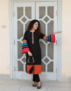 Trendy Black Kurta Set With Orange Hem & Multicolor Sleeves