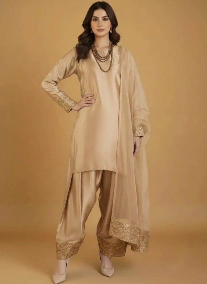 Elegant Three Piece Farshi Shalwar Suit For Women –  Latest Design Eastern Formal Wear