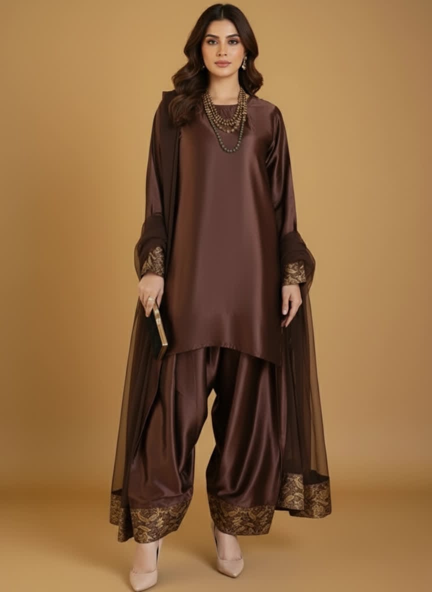 Premium Three Piece Farshi Shalwar Dress – Latest Designs - Trendy Eastern Wear - Elegant Farshi Style Outfit For Womenn