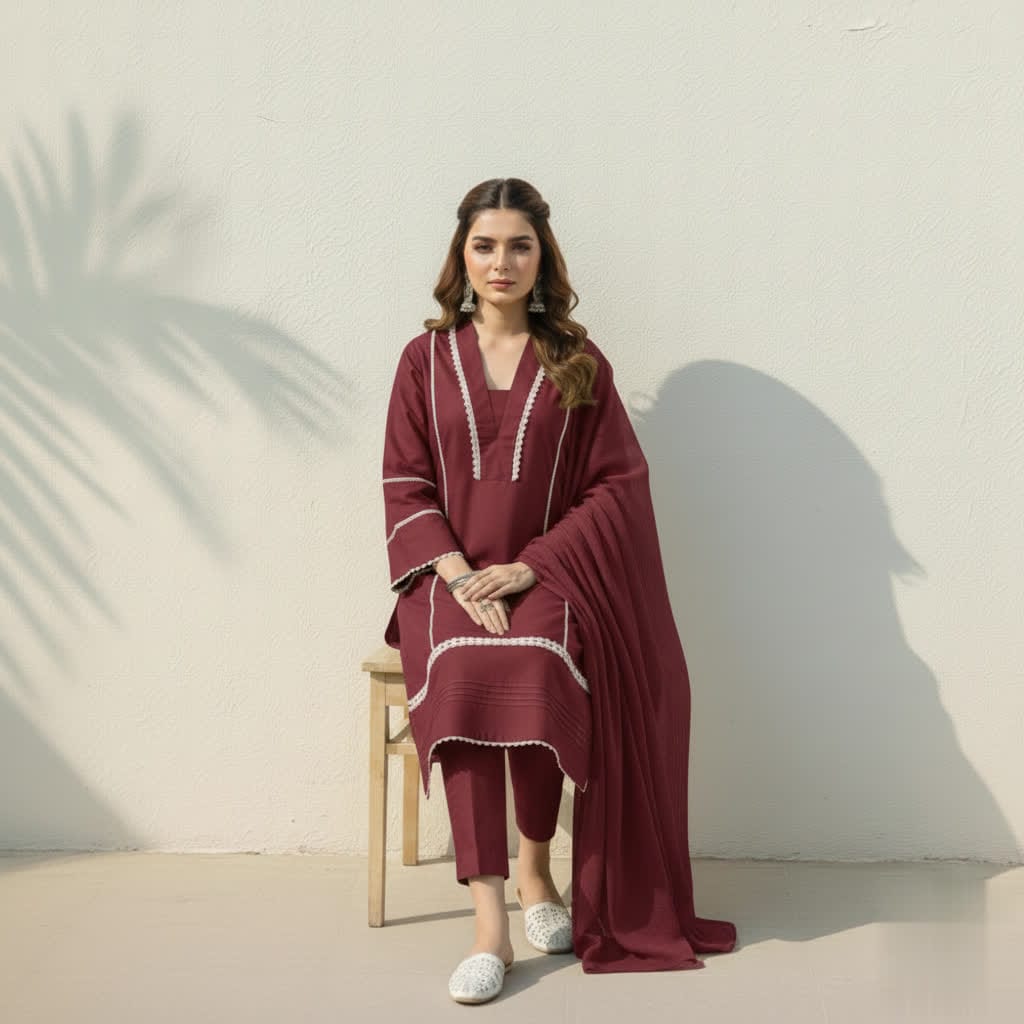 Classic Solid Cotton Ethnic 3-Piece Suit With Lace Embellishment