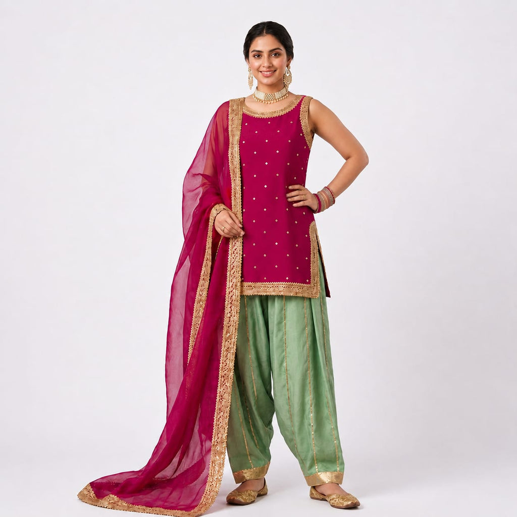 Magenta & Sage Green Luxury Festive Suit With Gold Detailing