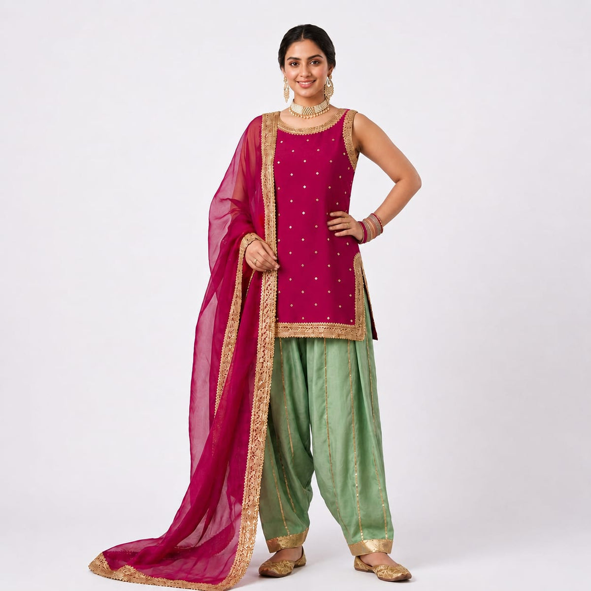 Magenta & Sage Green Luxury Festive Suit With Gold Detailing