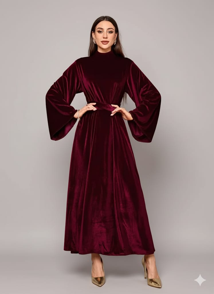 Elegant Full-Length Velvet Maxi Dress For Women, Long Sleeve Gown With Belt, Zipper Back And Tie Detail  Formal Evening Dress