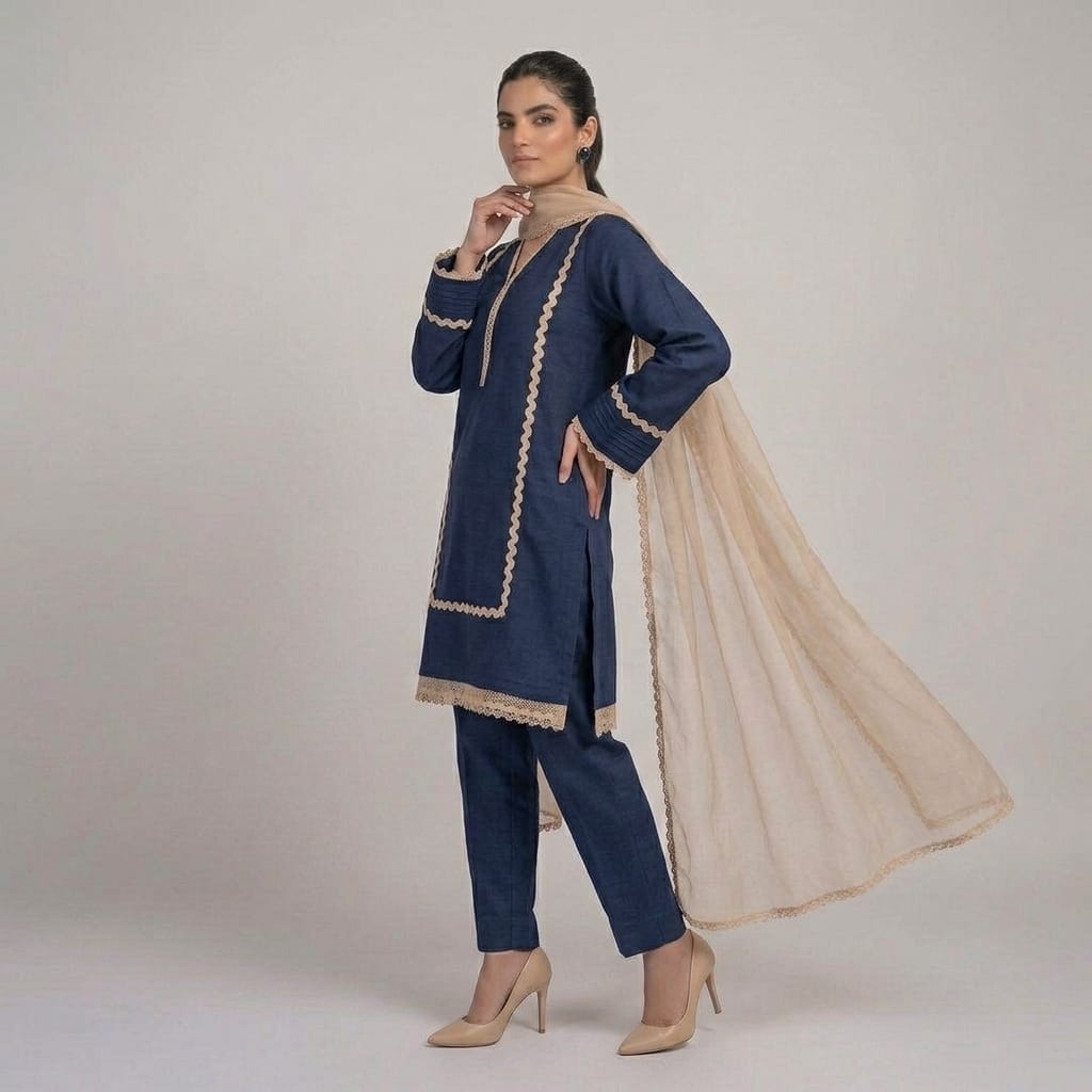 Beige Straight Kurta With Black Zig-Zag Lace