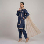 Beige Straight Kurta With Black Zig-Zag Lace