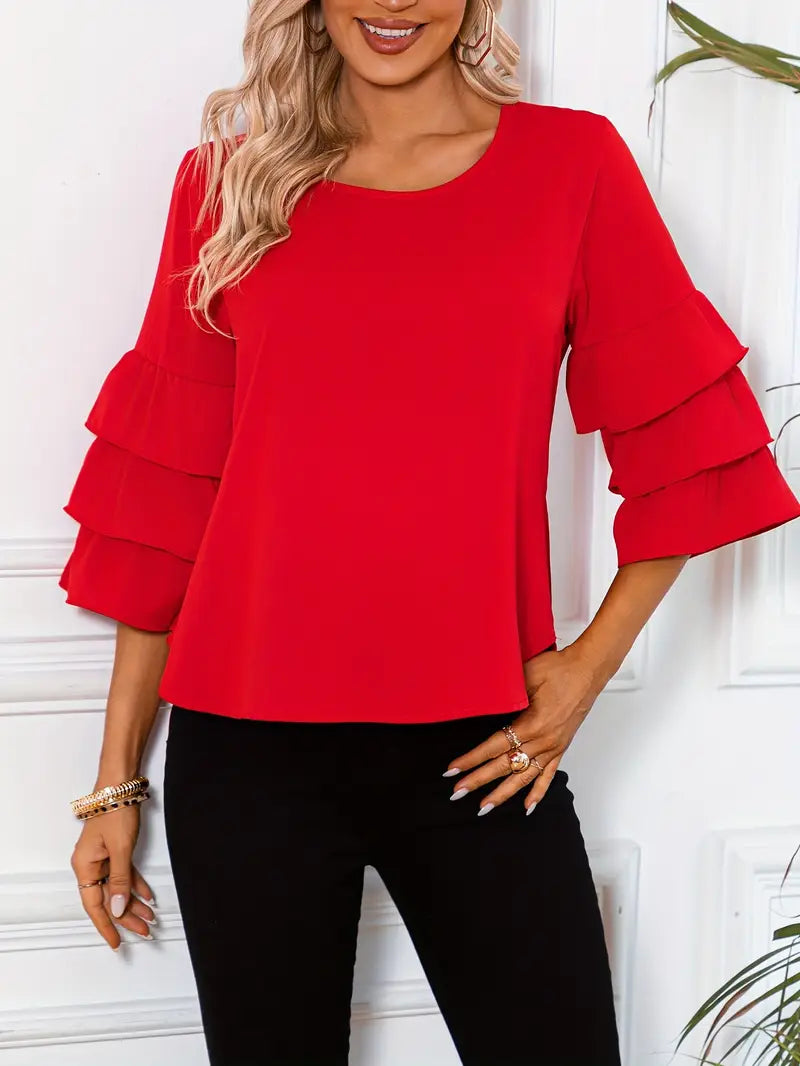Women’s Fashion Three-Layer Sleeve Top – Elegant Round Neck Blouse, Lightweight, Flowy & Stylish Casual To Semi-Formal Wear Season