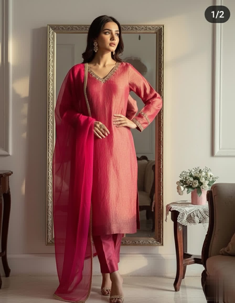 Elegant Shimmer Silk Ethnic Wear Set – Straight Kurta With V-Neck, Chiffon Dupatta & Shantoon Bottoms.