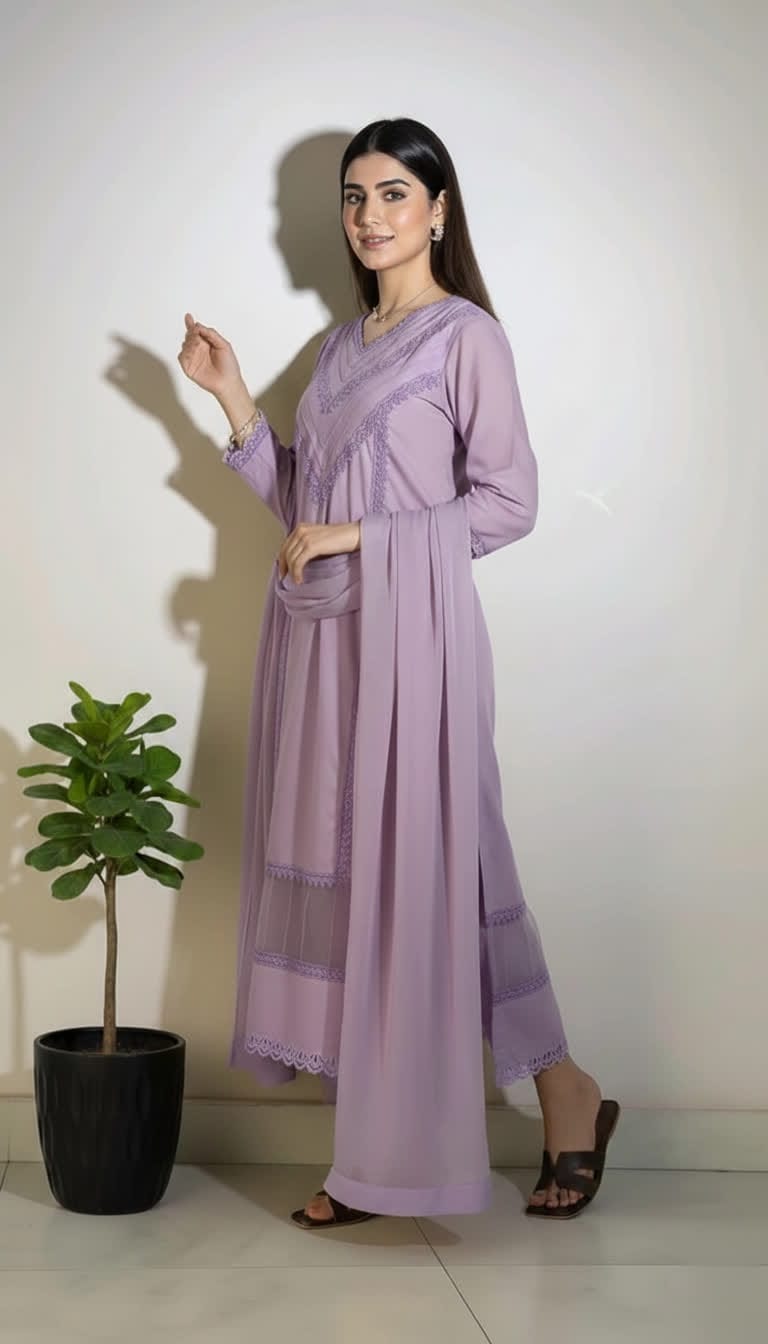 Cotton Lace Kurta Set For Women – 3 Piece Ethnic Suit With Chiffon Dupatta. |