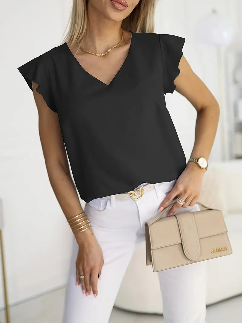 Casual V-Neck Blouse With Ruffle Sleeves – Lightweight Top, Button-Up Front Shirt, Everyday Casual Wear