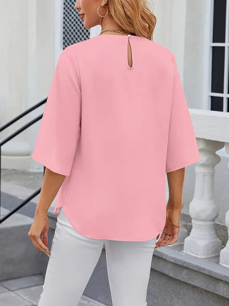 Elegant Puff Sleeve Blouse – Round Neck Button-Front Slit Hem, Short Jacket-Inspired Top For Casual And Office Wear