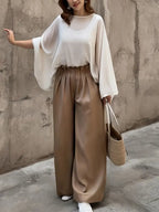 Chic Beige, Ruffled Hem, Button-Up Front - Casual Outfit - Ruffled Hem Top - Button-Up Blouse - Women’s Two-Piece Set