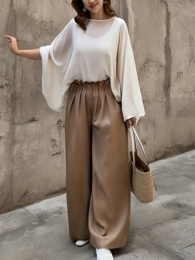Chic Beige, Ruffled Hem, Button-Up Front - Casual Outfit - Ruffled Hem Top - Button-Up Blouse - Women’s Two-Piece Set