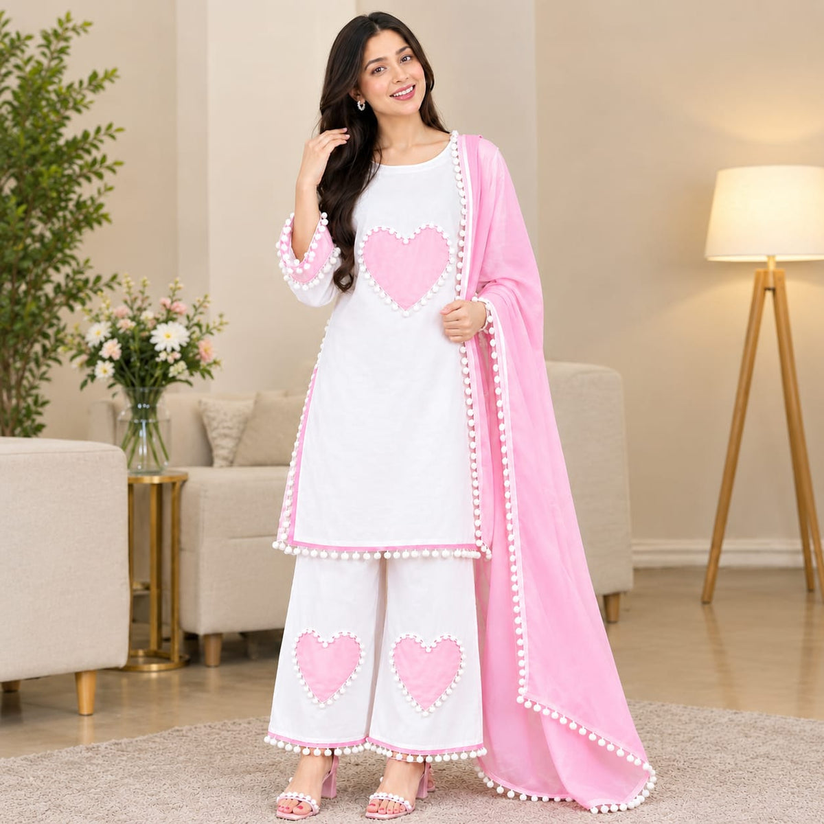 Niswa Style White Heart Patch Suit With Pink Detailing
