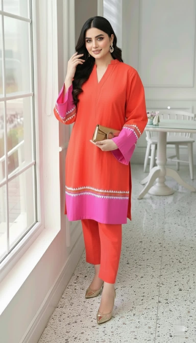 NISWA STYLE Elegant Cotton Contrast Suit – Two - Tone Long Shirt With Matching Trouser, Trendy Contrast Hem Shirt And Trouser.