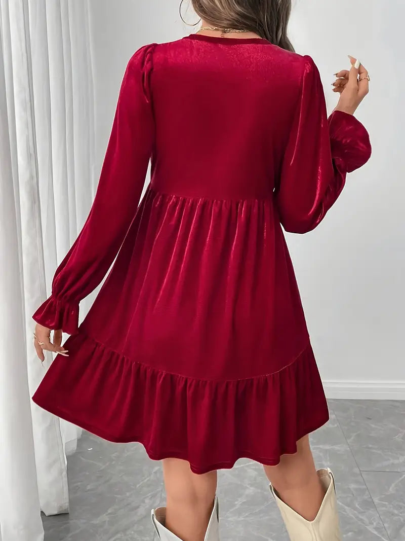 Elegant Burgundy A-Line Mini Dress – Long Sleeve Ruffled Hem Party Dress, Knee-Length Flowy Outfit