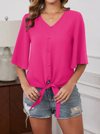 Elegant Blouse –  V-Neck Top With Bell Sleeves And Decorative Buttons For Casual Or Dressy Outfits