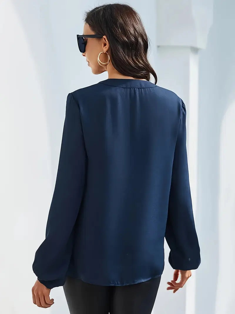 Casual V-Neck Lantern Sleeve Solid Shirt – Elegant Loose Fit Blouse For Styling Work And Daily Wear