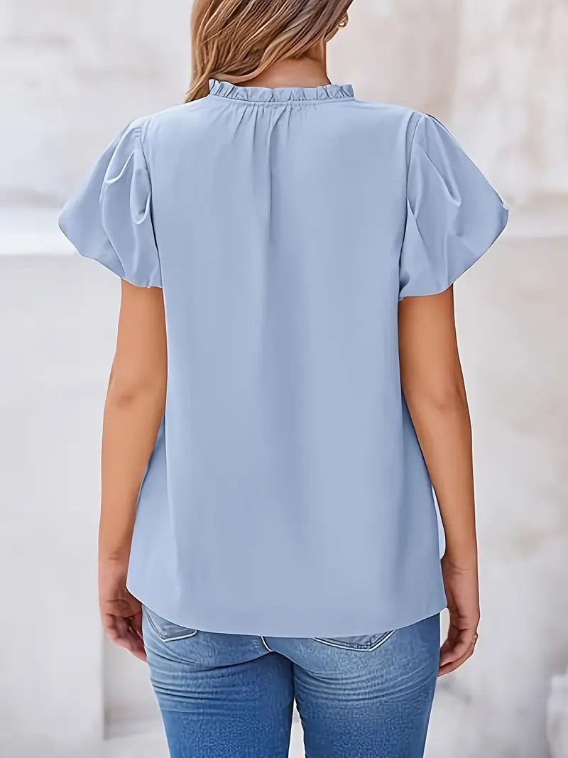Women's V-Neck T-Shirt With Ruffled Short Sleeves, Non-Stretch Fabric Top For Casual & Formal Wear