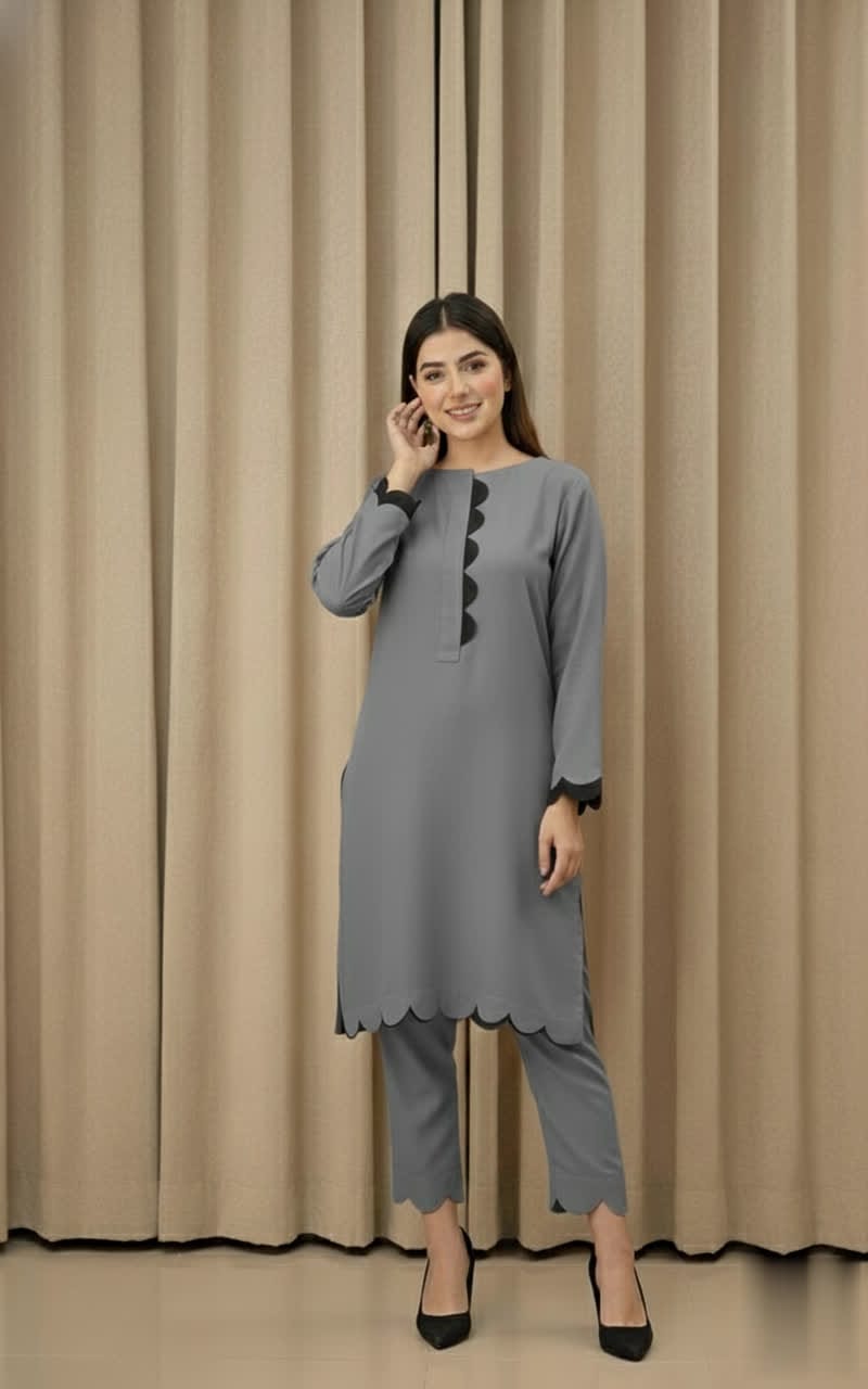 Elegant Cotton 2-Piece Suit – Crew-Neck Chori Piping Shirt With Cutwork Sleeves & Reet Design Trouser | Latest Stylish Women’s Outfit.