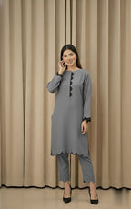 Elegant Cotton 2-Piece Suit – Crew-Neck Chori Piping Shirt With Cutwork Sleeves & Reet Design Trouser | Latest Stylish Women’s Outfit.