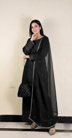 Designer Silk Short Shirt & Shalwar Set With Crystal Detailing.