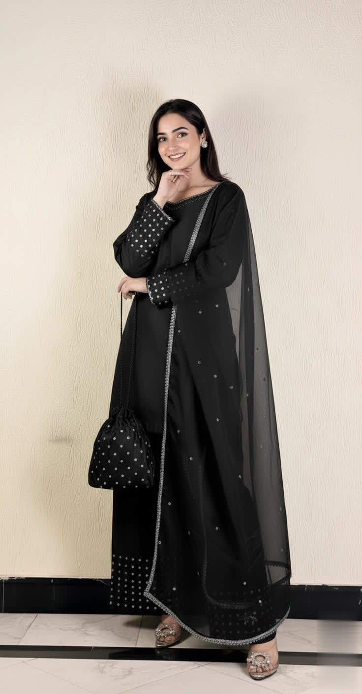 Designer Silk Short Shirt & Shalwar Set With Crystal Detailing.