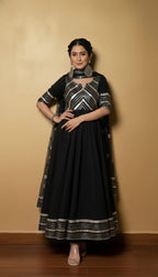Premium Black Gota Patti Anarkali Pant Set For Women – Silk Long Anarkali With Different Shade Chiffon Dupatta & Embellished Pants.