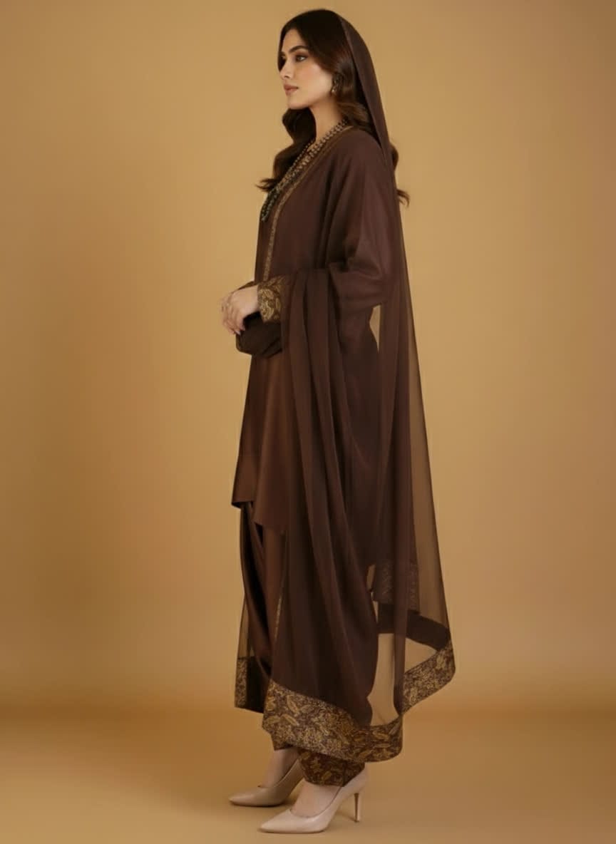 Premium Three Piece Farshi Shalwar Dress – Latest Designs - Trendy Eastern Wear - Elegant Farshi Style Outfit For Womenn