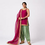Magenta & Sage Green Luxury Festive Suit With Gold Detailing
