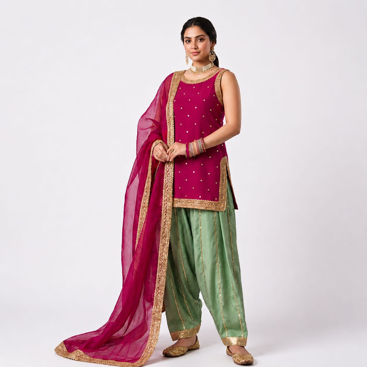 Magenta & Sage Green Luxury Festive Suit With Gold Detailing