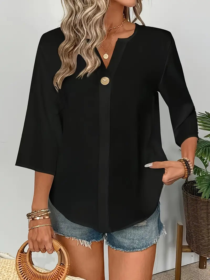 NISWA STYLE Elegant V-Neck Long Sleeve Blouse, Loose Fit Solid Color Button-Up Shirt With Faux Buttons, Lightweight Top For Casuall And Formal Wear