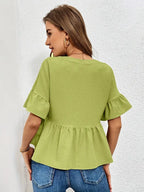 Elegant V-Neck Ruffle Sleeve Blouse – Solid Green Lightweight Top Chic Button Detail Shirt, Non-Transparent Casual Wear