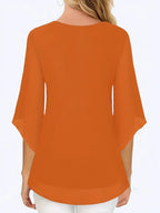 Elegant V-Neck Shirting Blouse, 3/4 Sleeve Top With Double Layer Mesh, Hollow Details, Casual & Formal Blouse