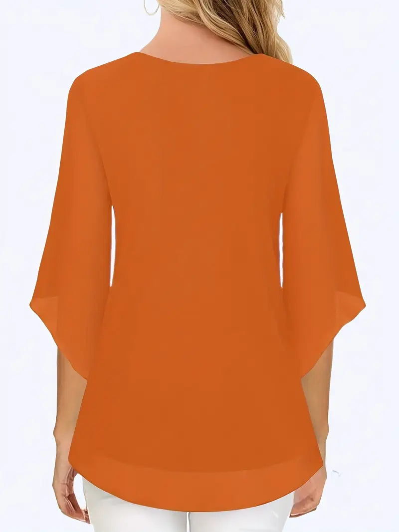 Elegant V-Neck Shirting Blouse, 3/4 Sleeve Top With Double Layer Mesh, Hollow Details, Casual & Formal Blouse