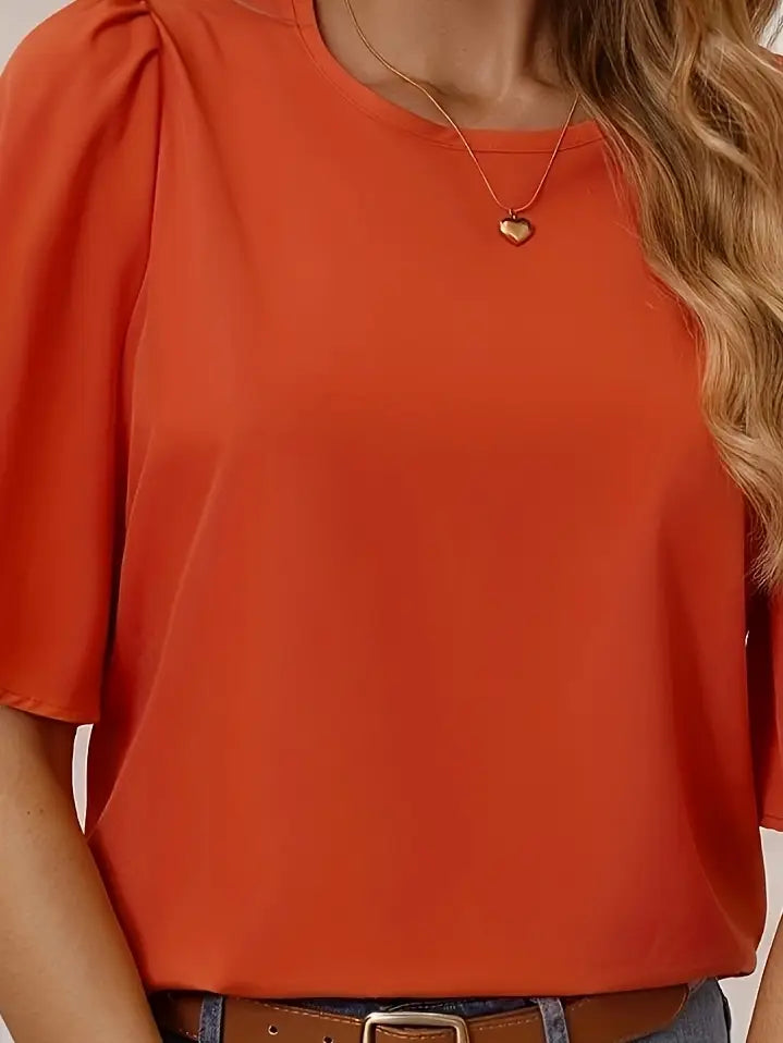 Elegant Non-See-Through Round Neck Shirt, Lightweight And Breathable Top For Formal And Casual Wear