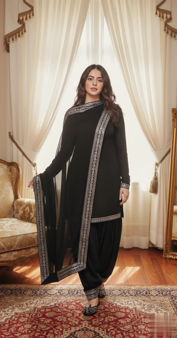 Elegant Silk Short Shirt Patiala Salwar Kameez With Gota Lace Dupatta.
