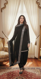 Elegant Silk Short Shirt Patiala Salwar Kameez With Gota Lace Dupatta.