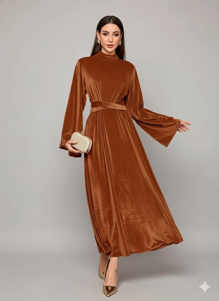 Elegant Full-Length Velvet Maxi Dress For Women, Long Sleeve Gown With Belt, Zipper Back And Tie Detail  Formal Evening Dress