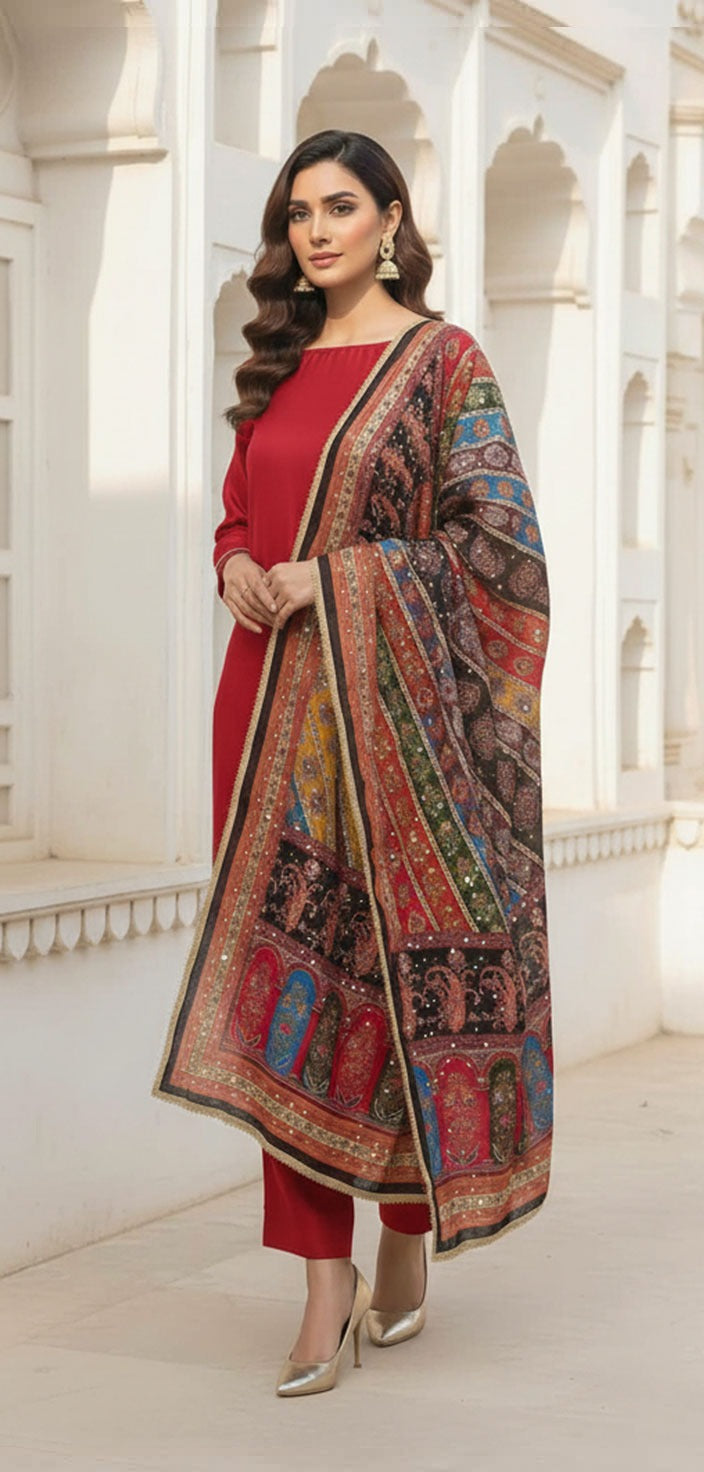Colourful Ethnic Suit Set With Spectacular Embellished Mirrored Dupatta