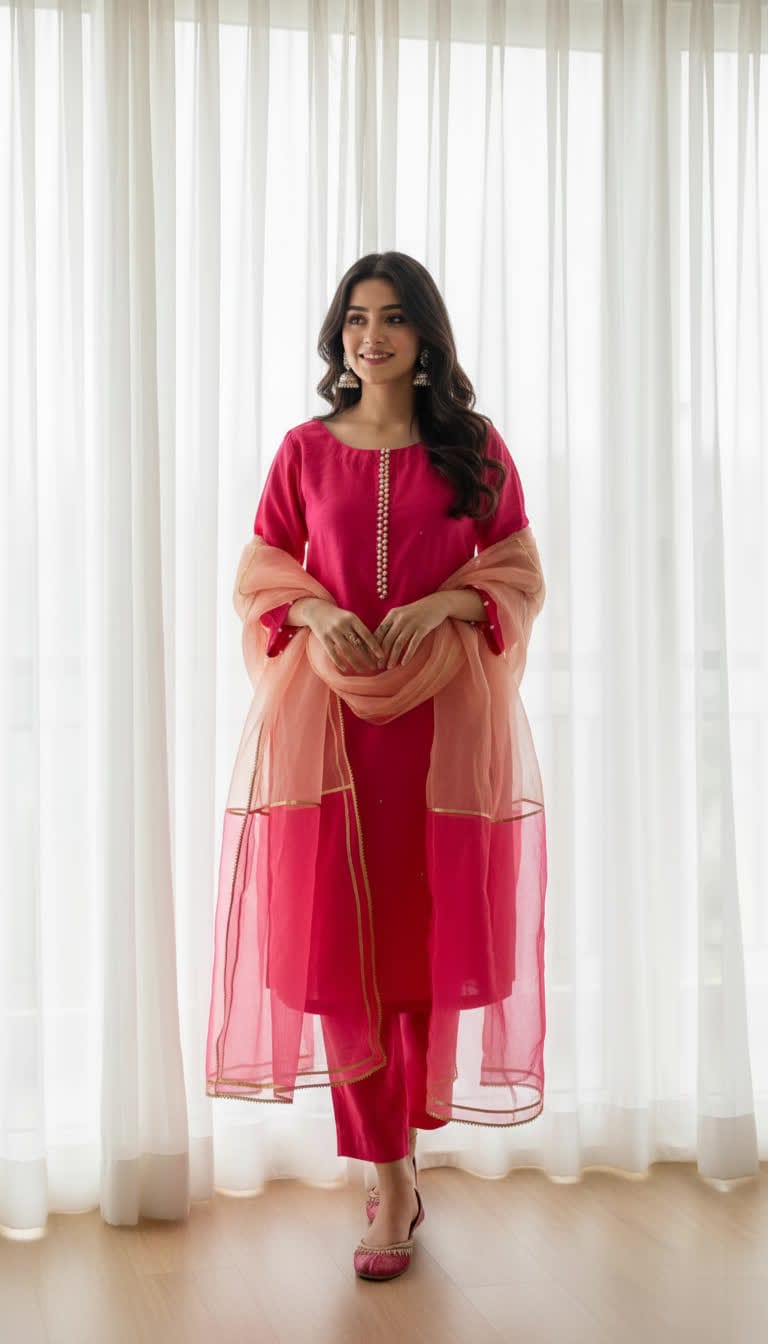 Premium Cotton Silk Pink Ethnic Suit With Lace Embellishment & Organza Dupatta.