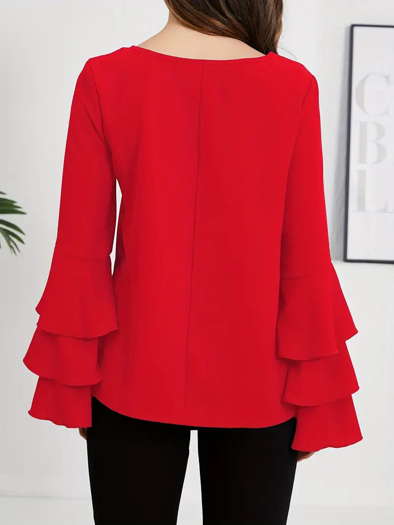 Elegant Layered Flared Sleeve Blouse, Round Neck Long Sleeve Top, Lightweight Structured Fit, Casual & Formal Stylish Shirt