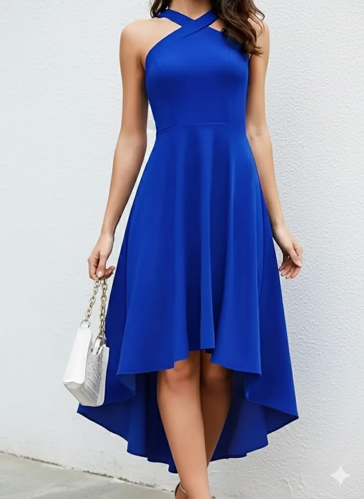 Elegant Royal Blue V-Neck Party Dress – Women’s Asymmetrical Hem Cocktail Dress, Fitted  Premium Quality Cocktail Gown For Special Occasions