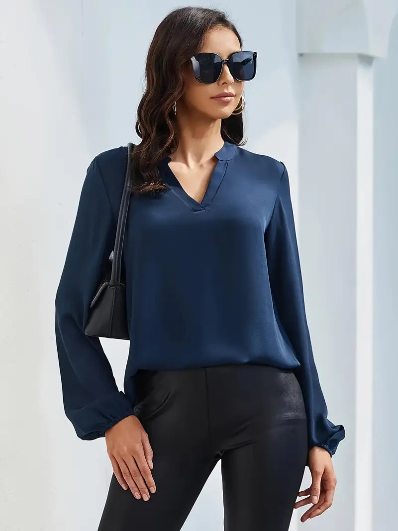 Casual V-Neck Lantern Sleeve Solid Shirt – Elegant Loose Fit Blouse For Styling Work And Daily Wear