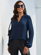 Casual V-Neck Lantern Sleeve Solid Shirt – Elegant Loose Fit Blouse For Styling Work And Daily Wear