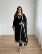 Elegant Women’s 3 Piece Velvet Dress With Lace Work & Chiffon Dupatta Lace Embellishment Sophisticated Ethnic Wear- Festive Edition