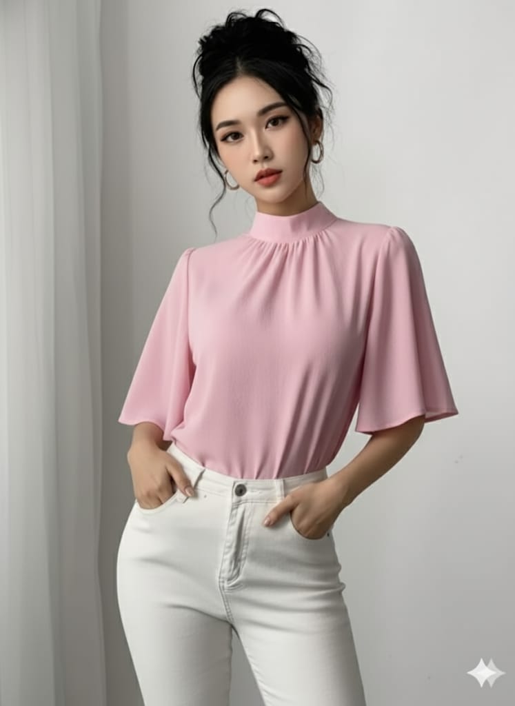 Women's Elegant French-Inspired Half-Turtleneck Blouse – Chic Chiffon Top With Puffed Sleeves, Non-See-Through Design, Tailored Fit